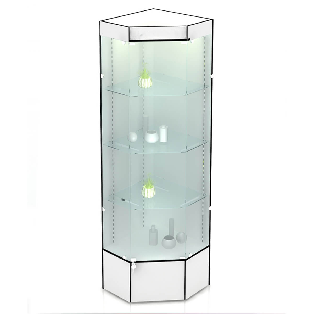 Витрина стеклянная с подсветкой угловая